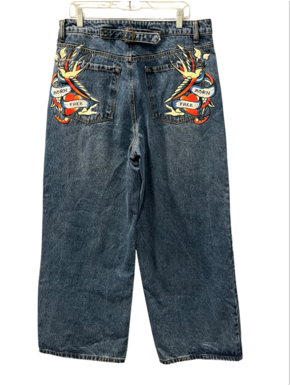 Ed Hardy Baggy Jeans Y2K Wide Leg Skater Gothic Spellout Blue Denim Size 34 Blue
